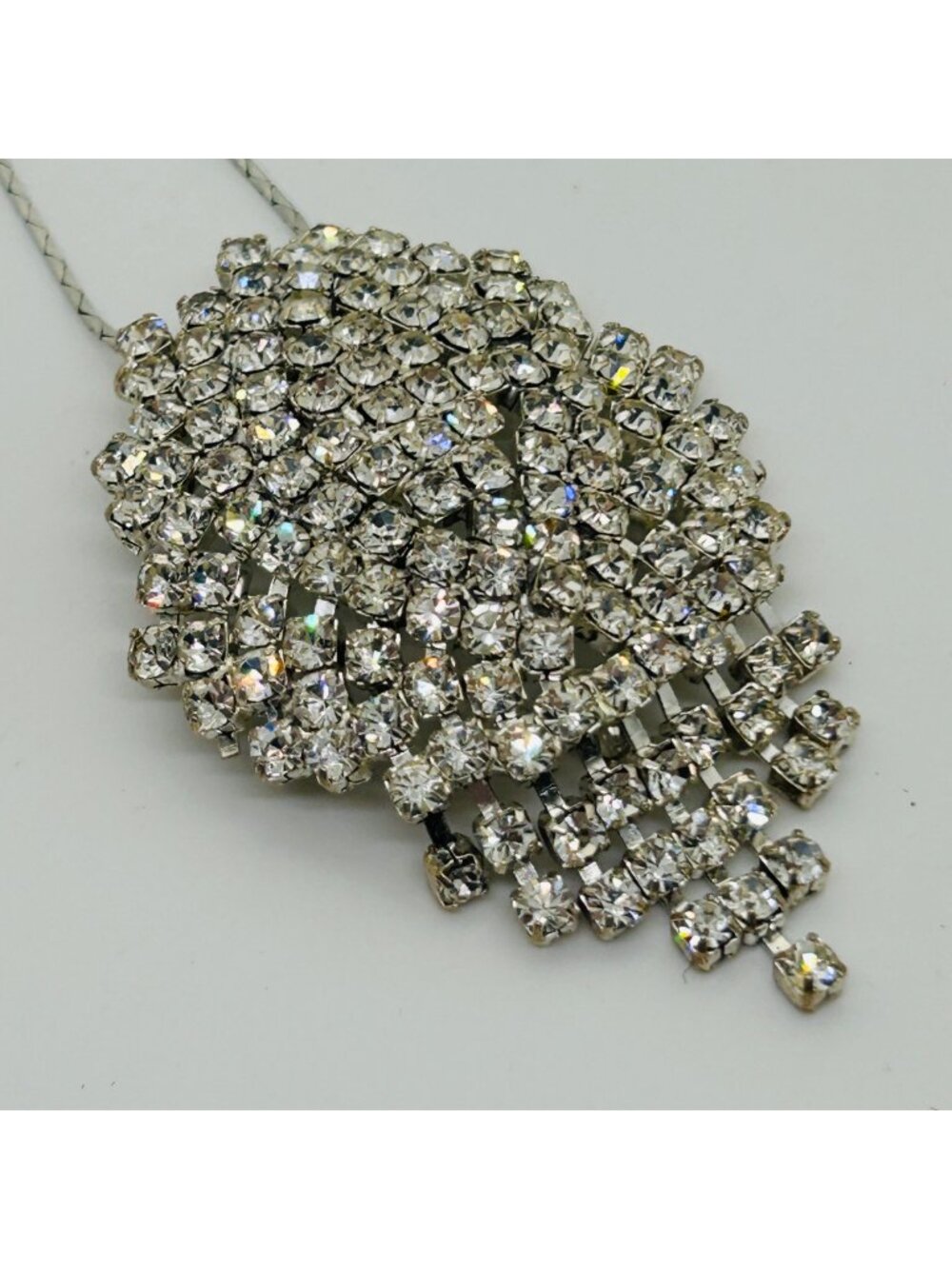 Vintage Rhinestone Waterfall Pendant Necklace Cluster Fringe Silver Tone
